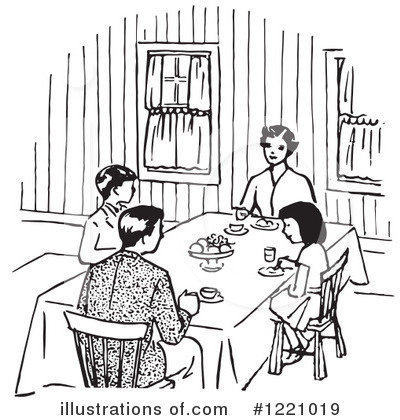 family eating together clipart black and white